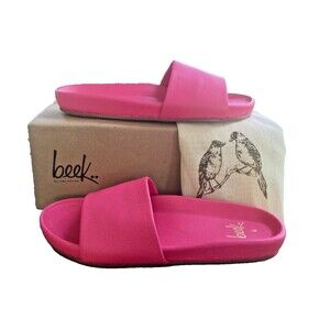 Beek Pelican Leather Platform Slide Sandals Size 6 Hibiscus Hot Pink Shoes w Bag